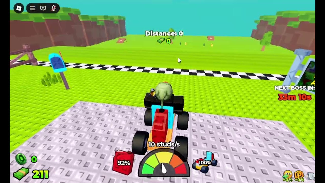 Drive em primeira pessoa em Build and Kill Zombies: kart de blocos na plataforma do lobby de frente para a pista xadrez, velocímetro e timer do próximo chefe visíveis
