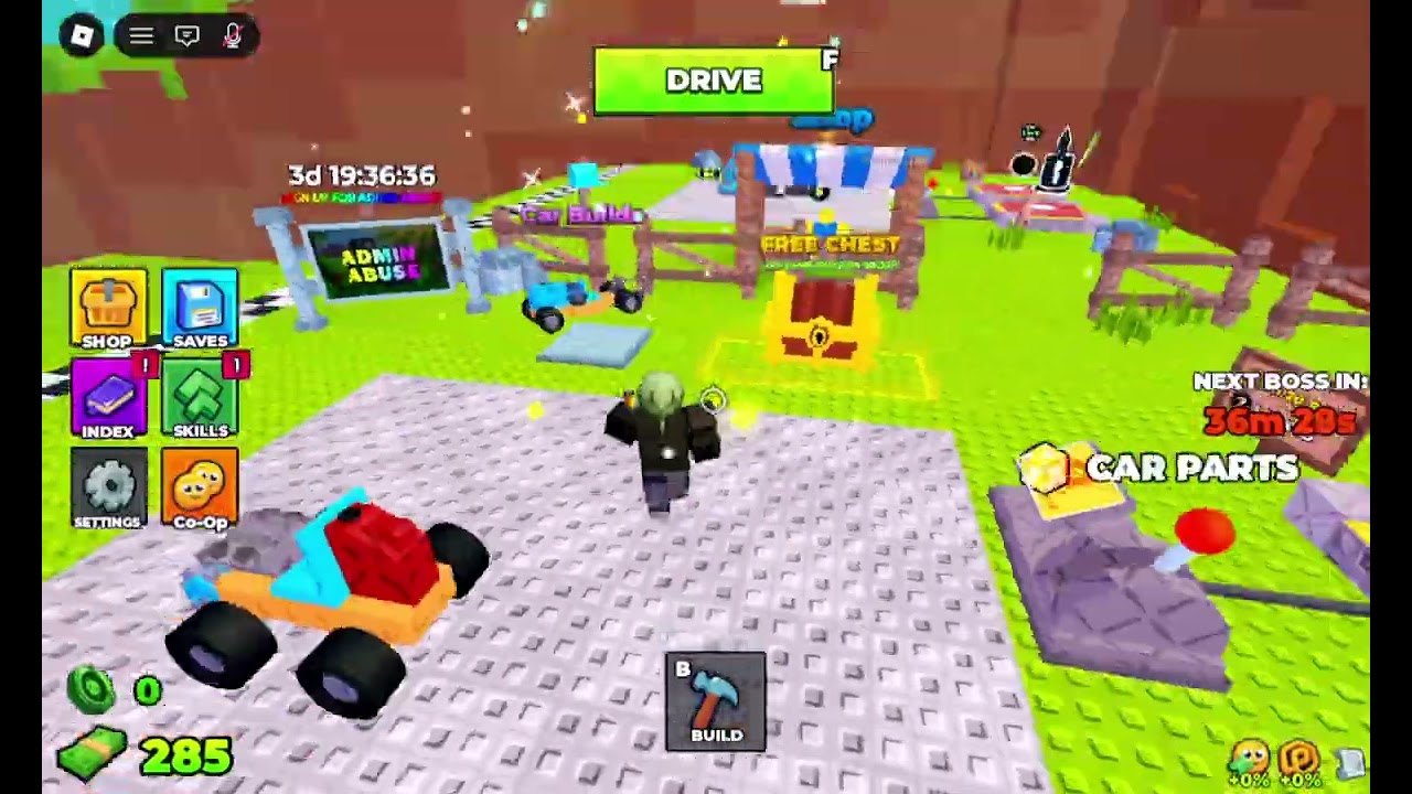 HUD do lobby de Build and Kill Zombies com Shop, Saves, Skills, Co-Op, Drive, Build, FREE CHEST e Car Parts